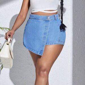 Blue Denim Asymmetrical Skort wrap flap pocket